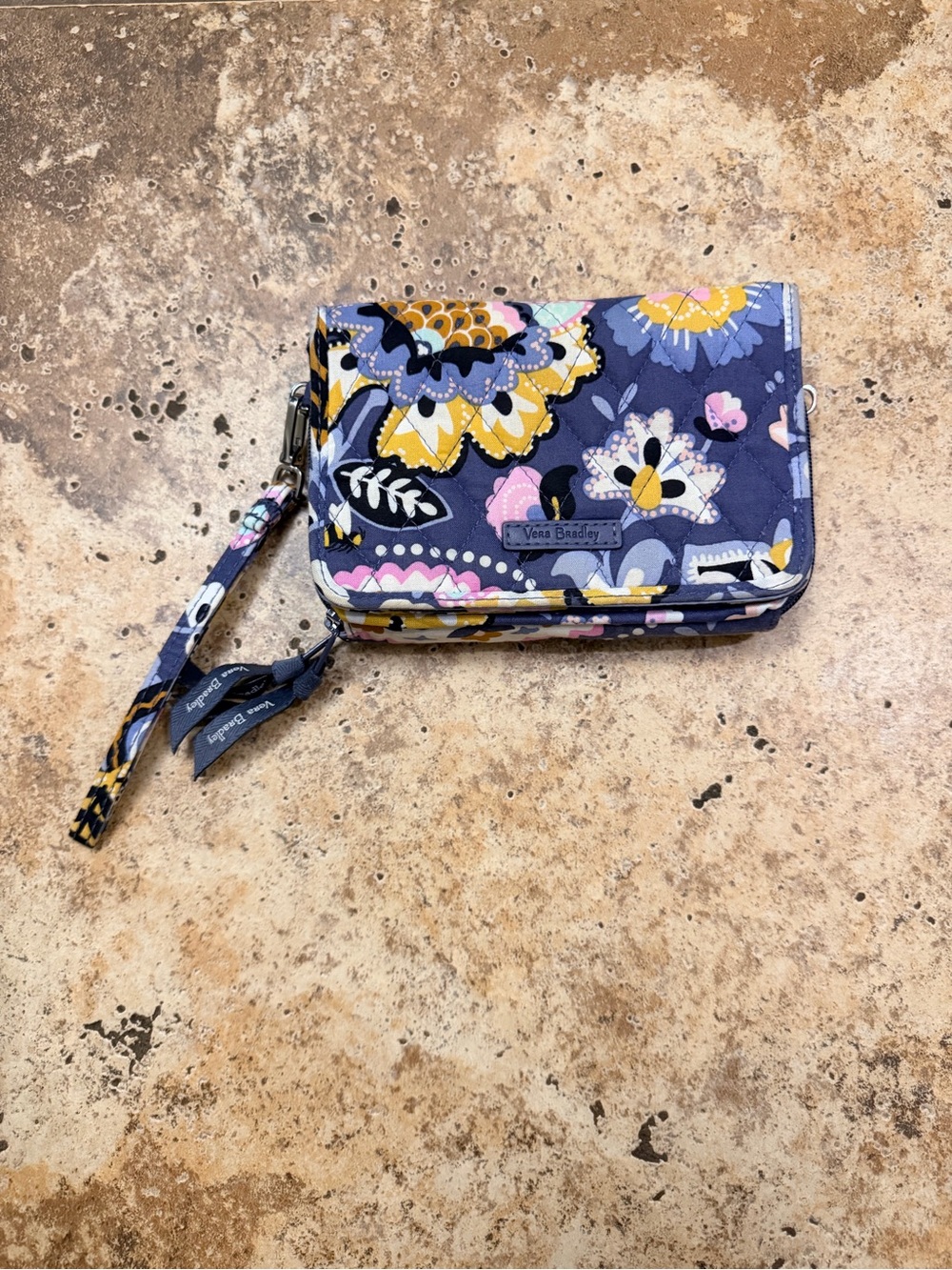 Vera Bradley Navy Floral Wristlet with Yellow & Pink Accents